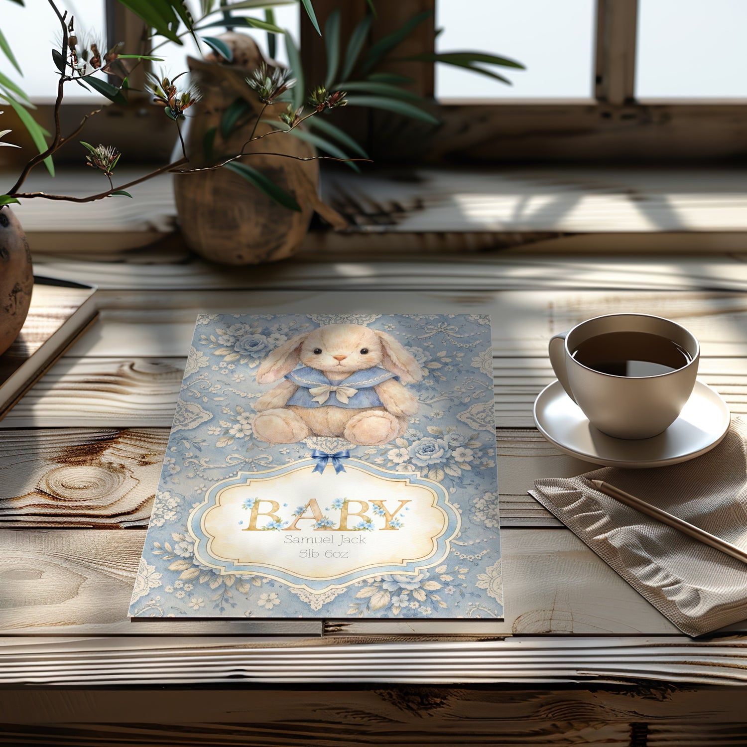 Baby card with a bunny illustration on a wooden surface with a cup of coffee.