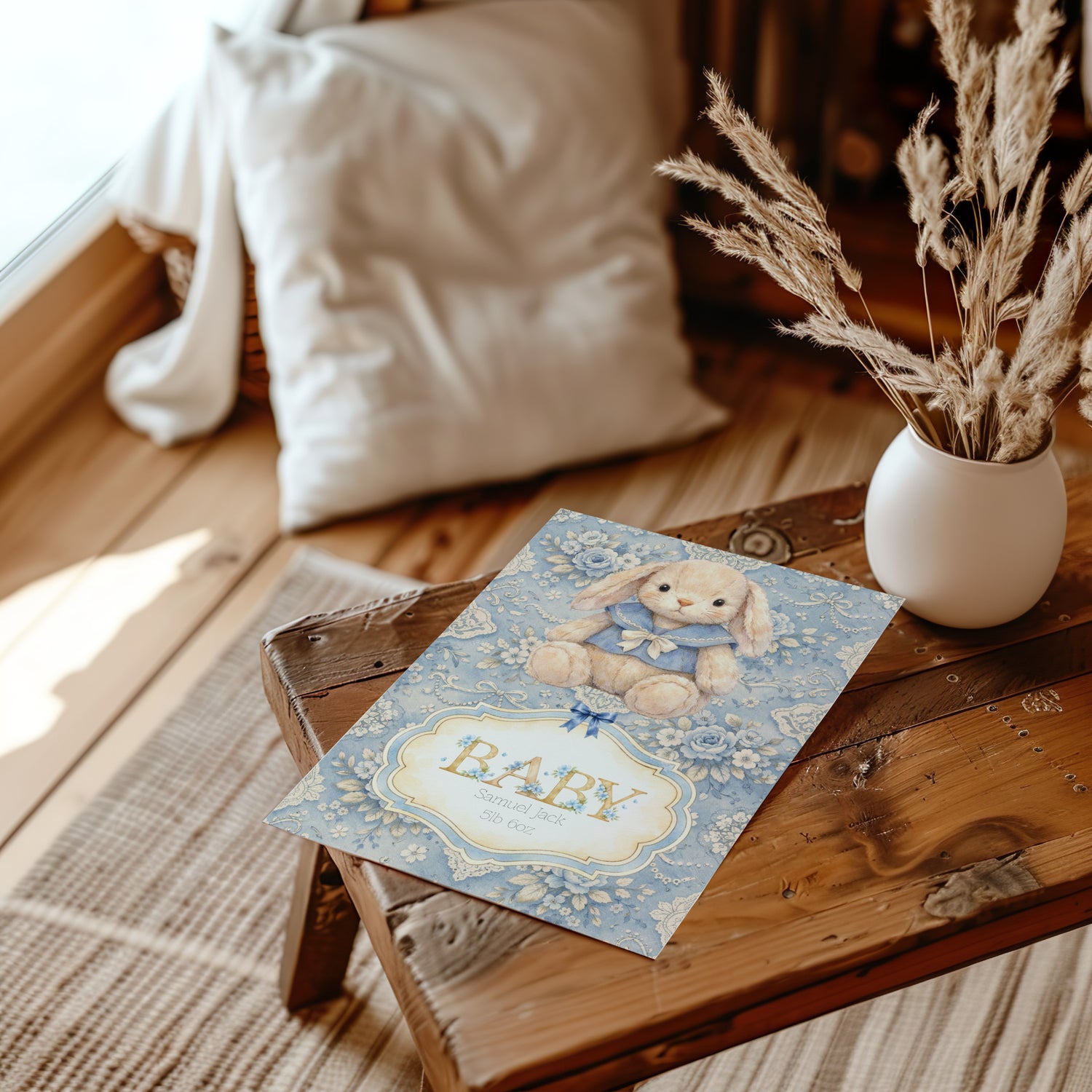 Baby shower card with a bunny design on a wooden surface near a vase with dried plants.