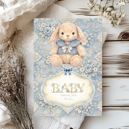 Baby card with a bunny design on a floral background