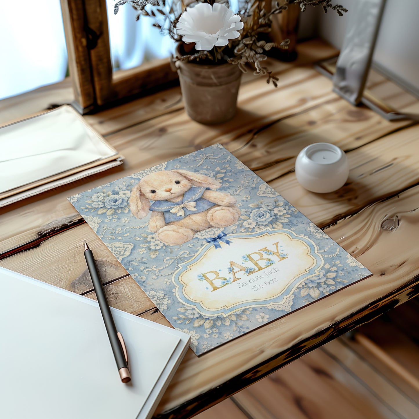 Baby shower card with bunny illustration on a wooden surface