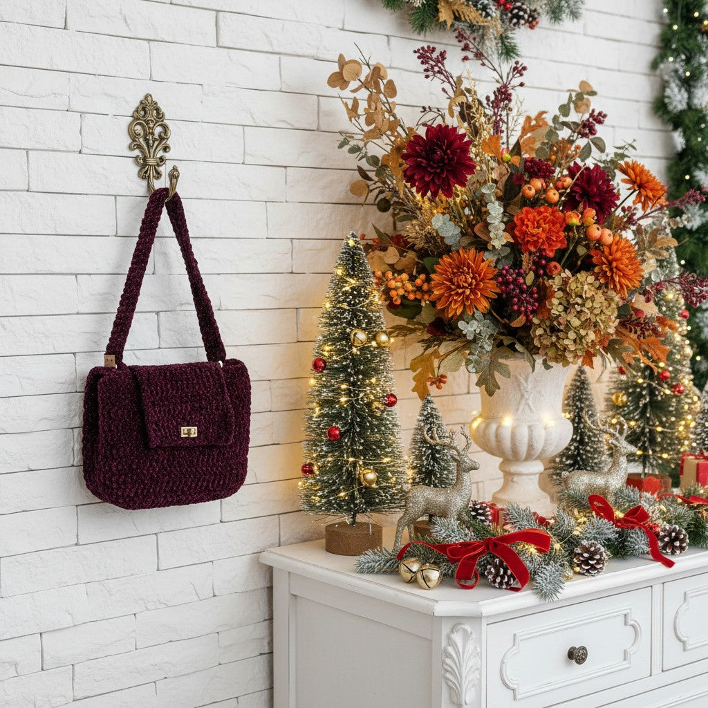 Decorative setting with a burgundy handbag, Christmas trees, and floral arrangement on a white surface.