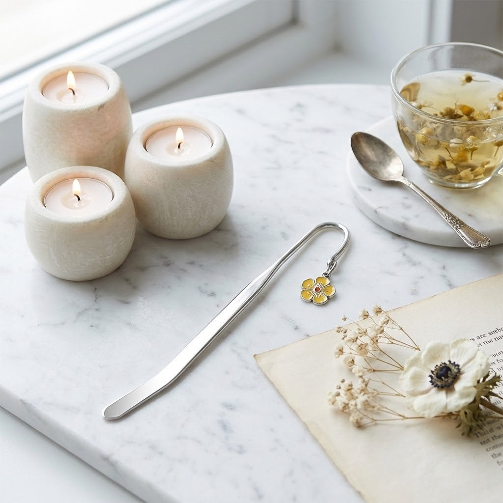 Three small white textured candle holders with lit candles arranged on a white marble tray, alongside a glass of tea with flowers, a spoon, and a small buttercup bookmark on a neutral tabletop.