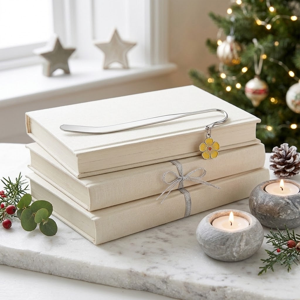 A stack of cream-coloured hardcover books on a marble surface, with a silver metal bookmark featuring a yellow flower charm resting on top. The scene is decorated for Christmas with a lit Christmas tree in the background, candles, pinecones, and greenery.