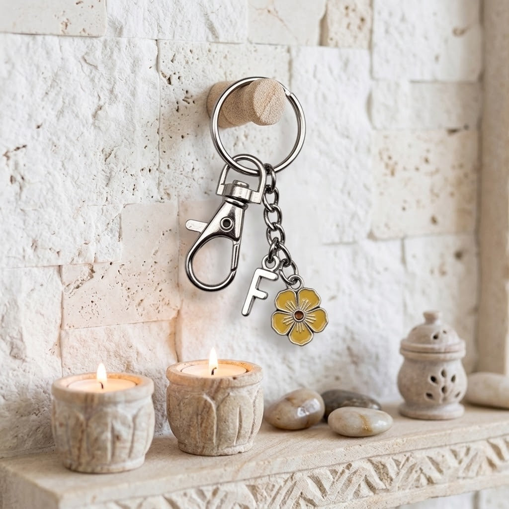 A silver metal keychain with a lobster clasp, a hanging chain, a yellow flower charm, and a letter 'F' charm, displayed on a rustic stone wall above a stone shelf with lit candles.