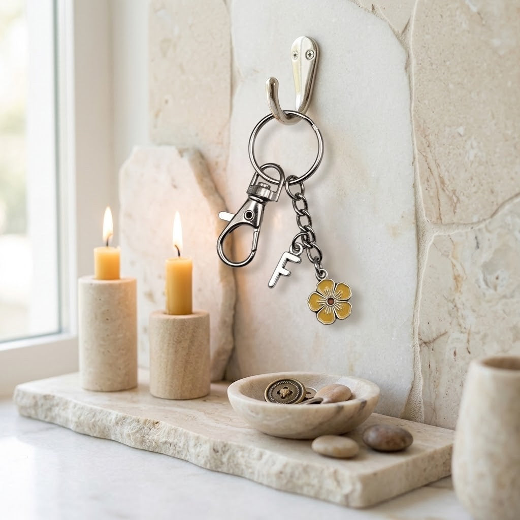 A silver metal keyring with a key and a small yellow flower charm hanging on a beige stone wall hook. The scene is styled with two lit candles, a small stone dish, and stones on a stone tray near a window.