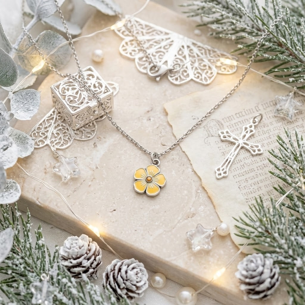 A silver-toned necklace with a small yellow flower pendant, styled on a beige stone slab with lace, pine branches, fairy lights, and winter decorations.