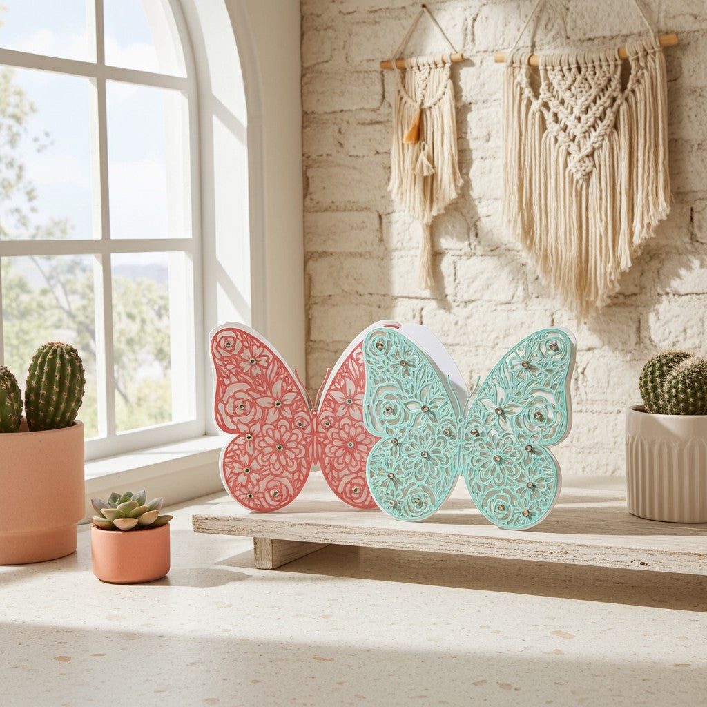 Two decorative butterfly-shaped greeting cards, one coral pink and one mint green, displayed on a wooden shelf in a bright, modern room with macrame wall hanging, potted cacti, and a window.