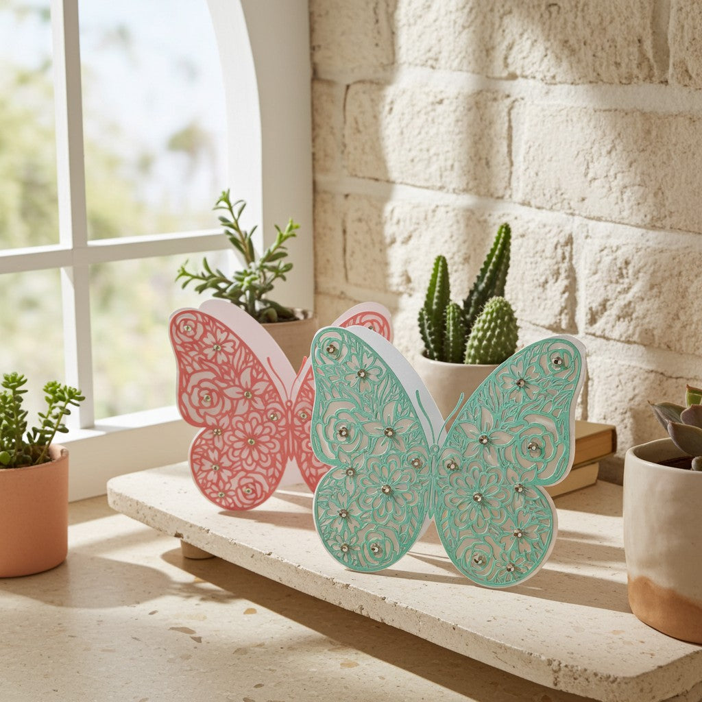 Two decorative butterfly-shaped birthday cards with intricate filigree cutouts and small rhinestone accents, one in coral pink and one in mint green, displayed on a stone shelf next to potted plants.