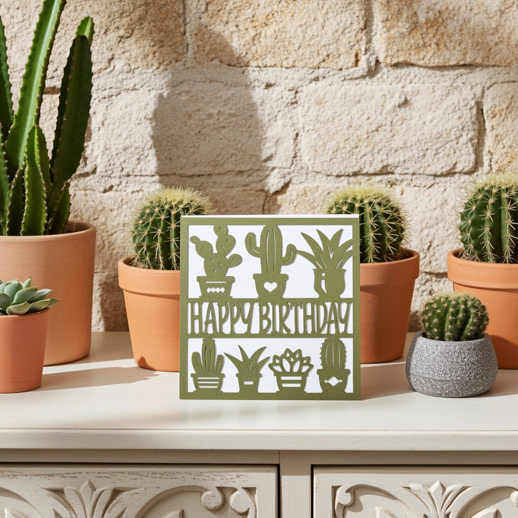 A square white card with a sage green cactus and plant pattern and the words “HAPPY BIRTHDAY” in the centre, displayed on a white cabinet in front of a stone wall with potted cacti.