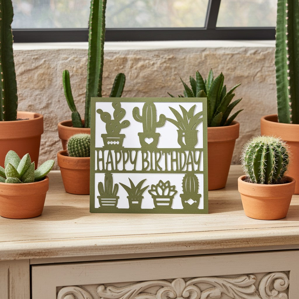 A square decorative greeting card with a cactus and plant design and the words 'HAPPY BIRTHDAY' in the centre, styled on a wooden surface among potted cacti and succulents.