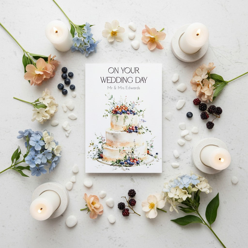 Card with 'On Your Wedding Day' surrounded by flowers and candles on a light surface.