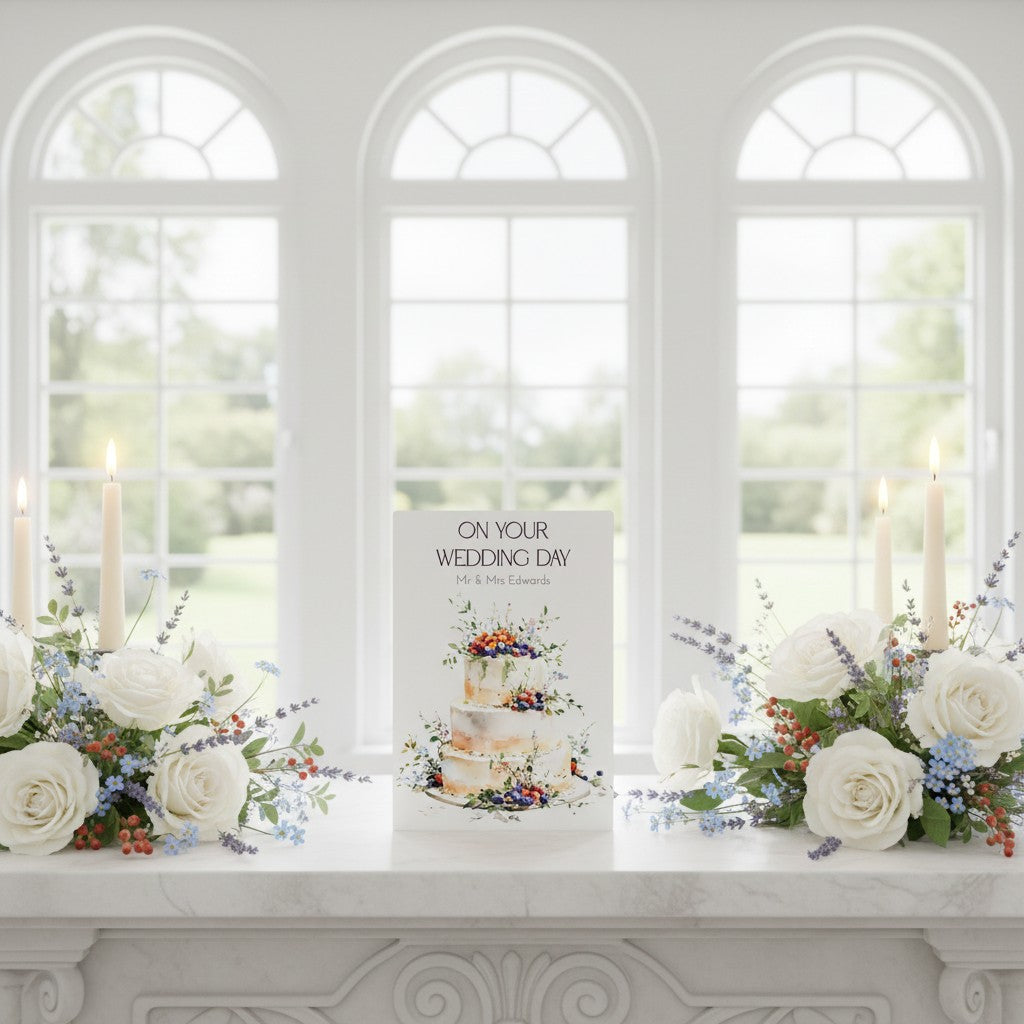 Wedding cake card with floral decorations on a white mantelpiece in front of arched windows.