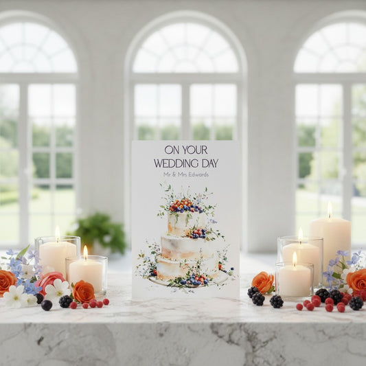 Wedding card with cake illustration and candles on a marble surface