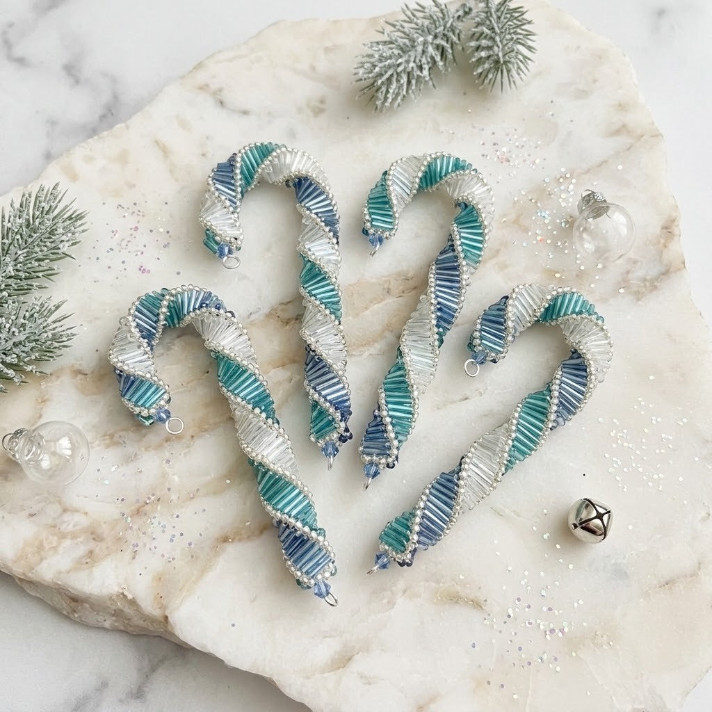 Four spiral candy cane ornaments in blue, teal, and white with silver glitter accents, arranged on a white marble tray with holiday decorations.