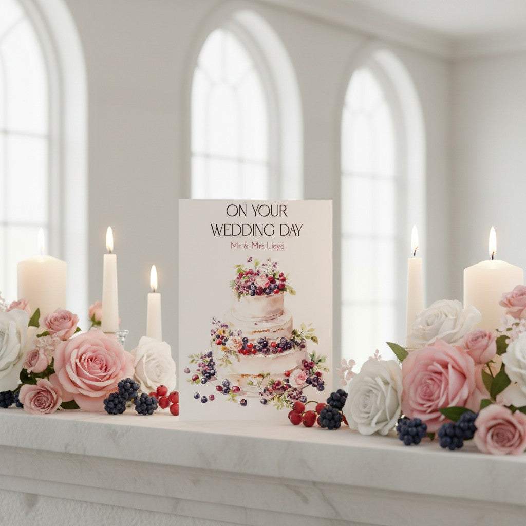 Personalised Wedding card with flowers and candles on a marble surface