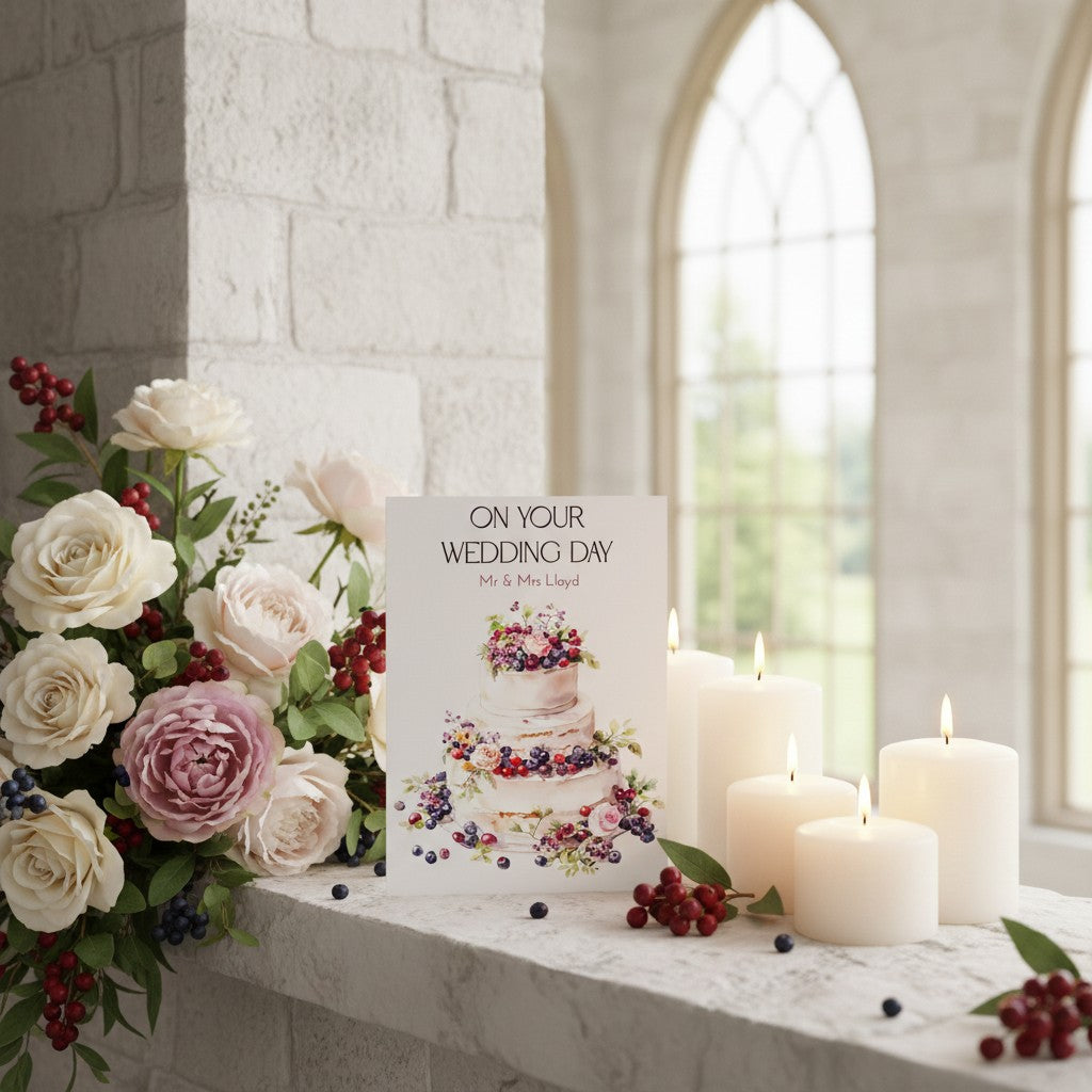 Personalised Wedding card with flowers and candles on a marble surface