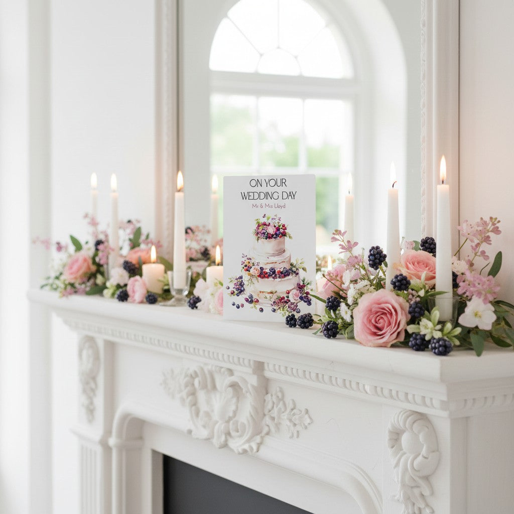 Decorative setup on a white fireplace with flowers, candles, and a wedding-themed card.