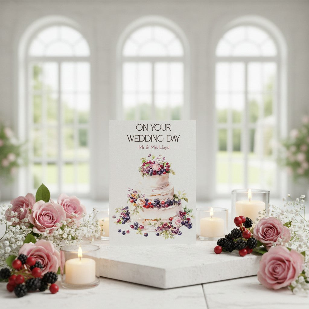 Wedding cake card with flowers and candles on a table in a bright room with large windows.
