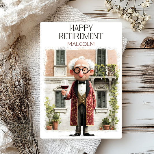 Retirement card with a character holding a glass of wine, set against a decorative background.