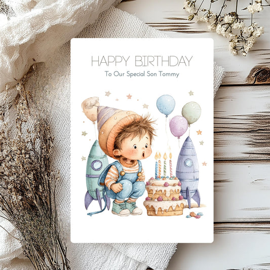 Birthday card with a child holding balloons and a cake, surrounded by decorative elements on a wooden surface.