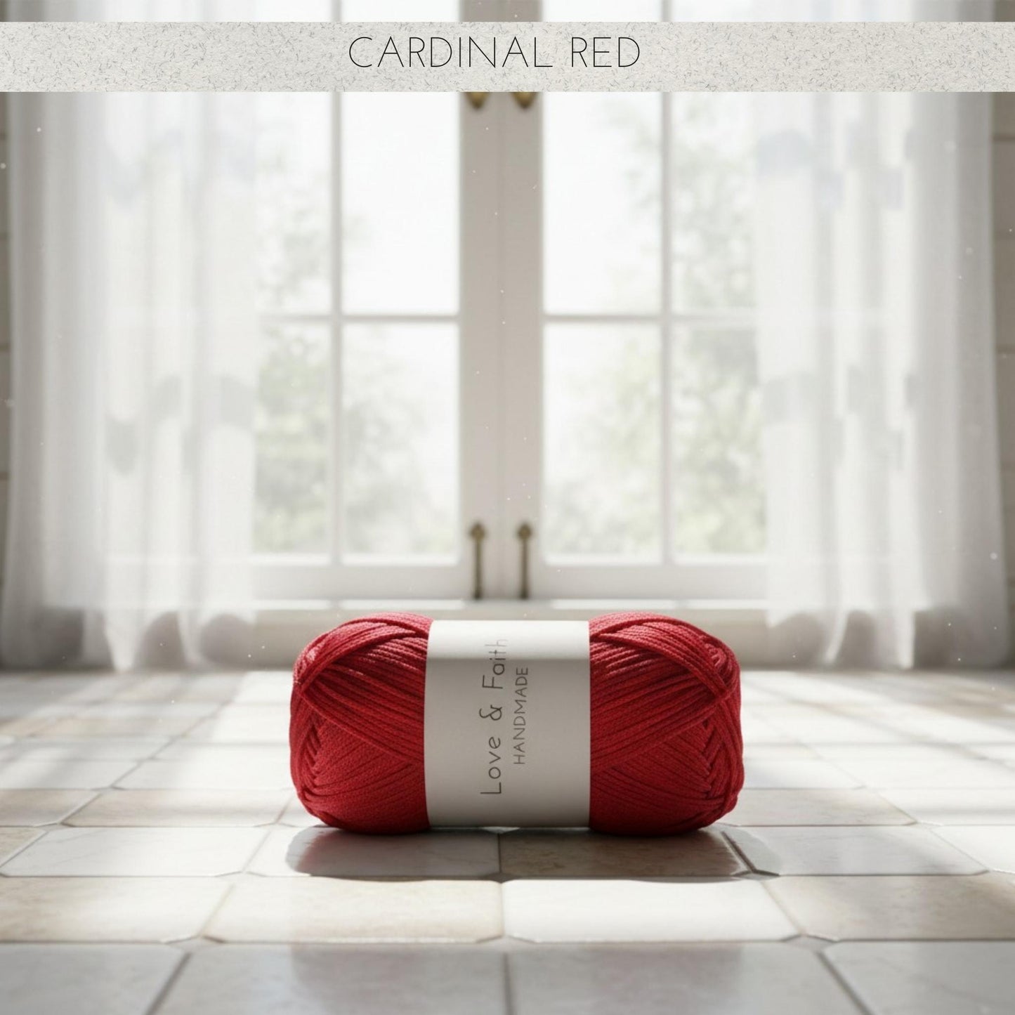 Red ball of yarn with a label on a tiled floor, curtains in the background