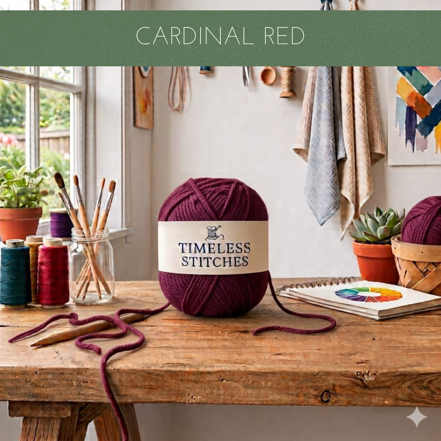 A ball of deep cardinal red yarn sits on a rustic wooden table in a cosy craft room setting, with knitting needles, other spools of thread, and a colour wheel nearby. A green banner at the top reads 'CARDINAL RED'.