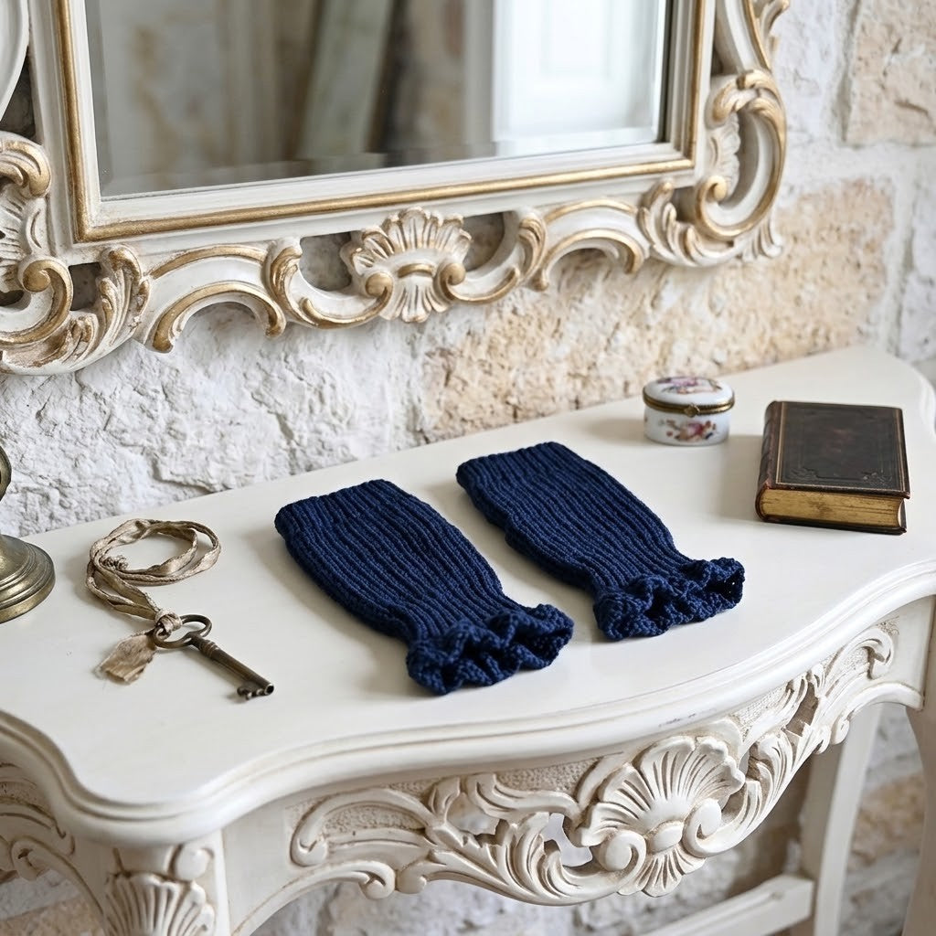 A pair of dark navy blue ribbed knit fingerless gloves warmers with ruffled cuffs, displayed on an ornate white console table in a styled room setting with a mirror, keys, and a book.