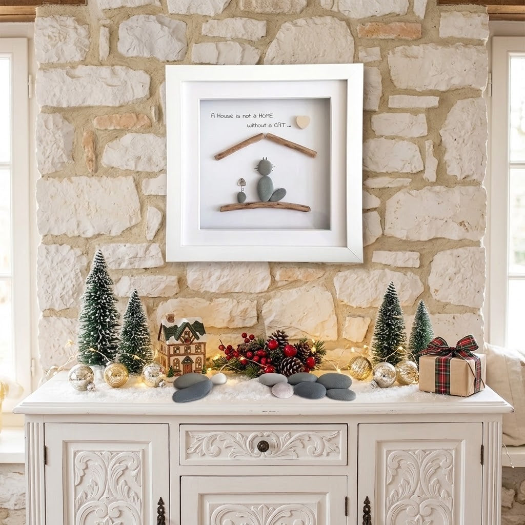 A white framed decorative wall piece with a small house, cat, and the words 'A house is not a home without a cat' displayed above a white console table decorated for Christmas in a stone-walled interior.
