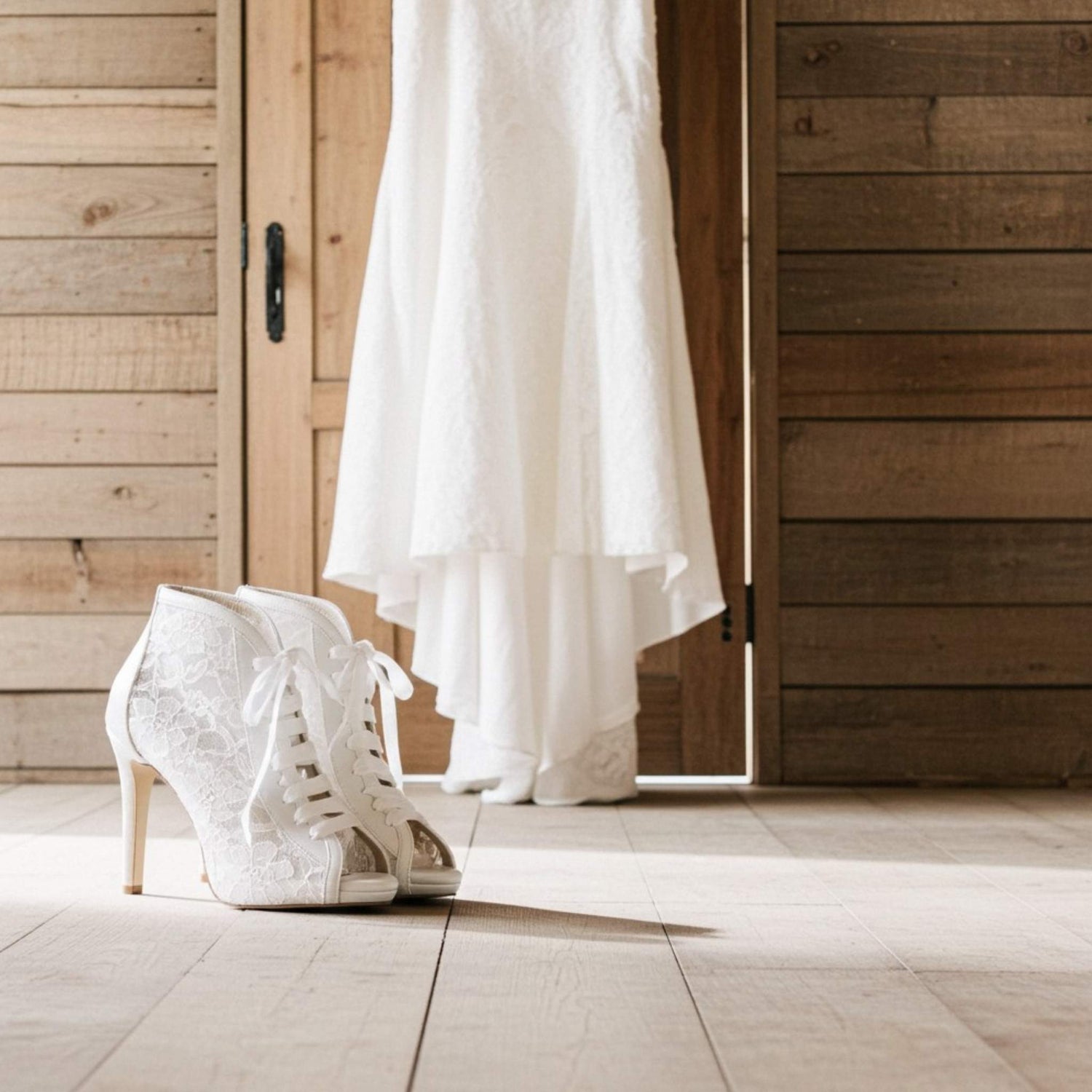 Ivory lace wedding shoes and dress on a wooden floor