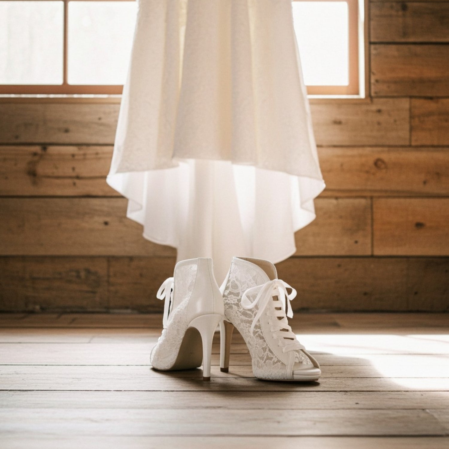 Ivory lace high-heeled bridal shoes on a wooden floor with a light curtain in the background.