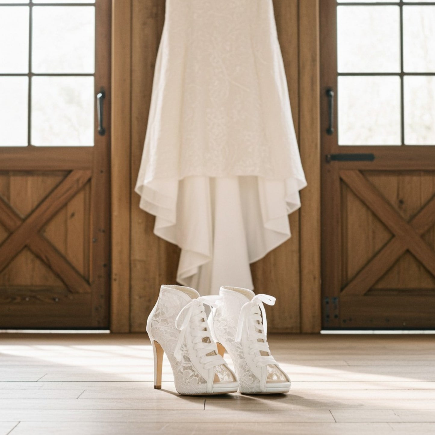 Ivory lace wedding shoes and dress hanging on wooden doors.