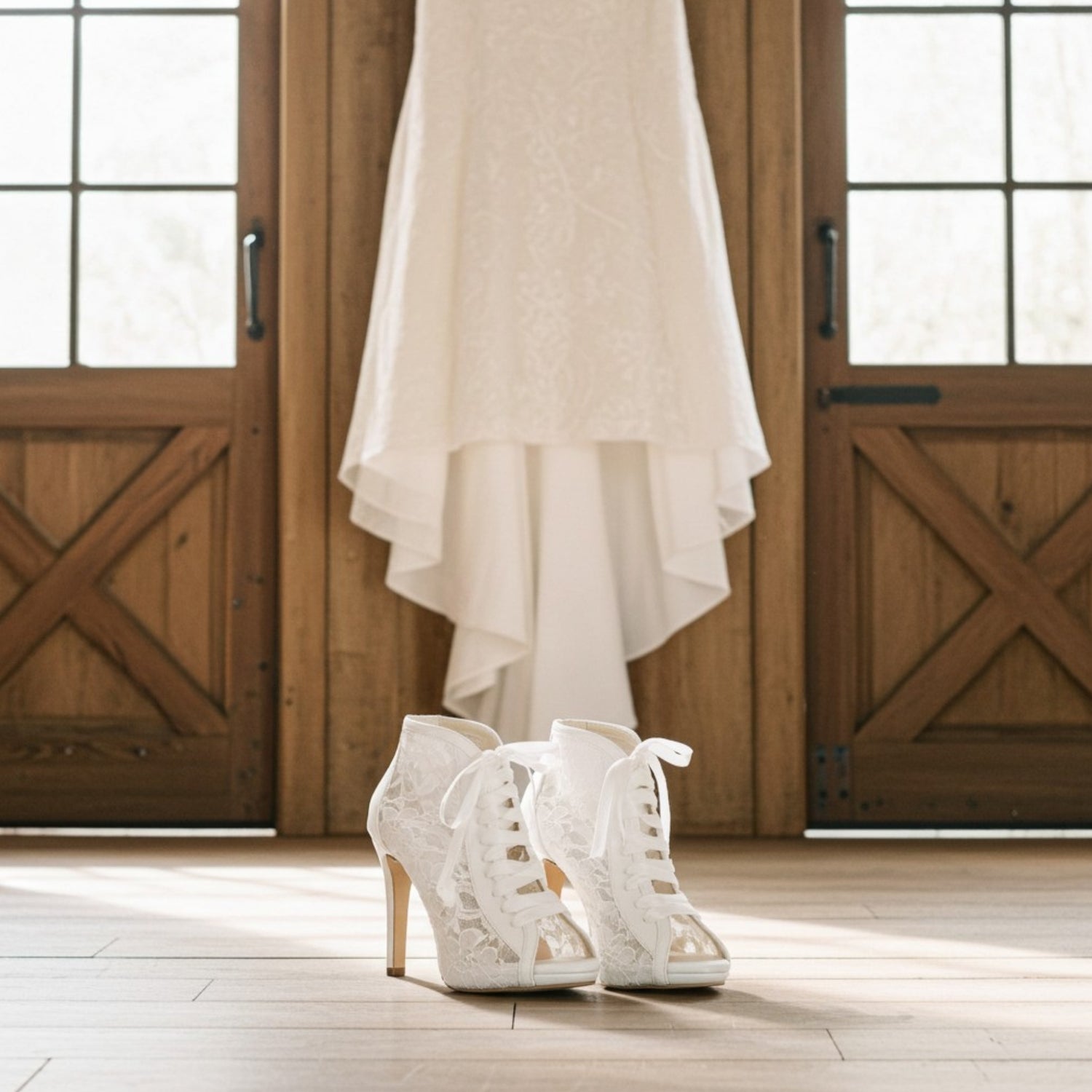 Ivory lace wedding shoes and dress hanging on wooden doors.
