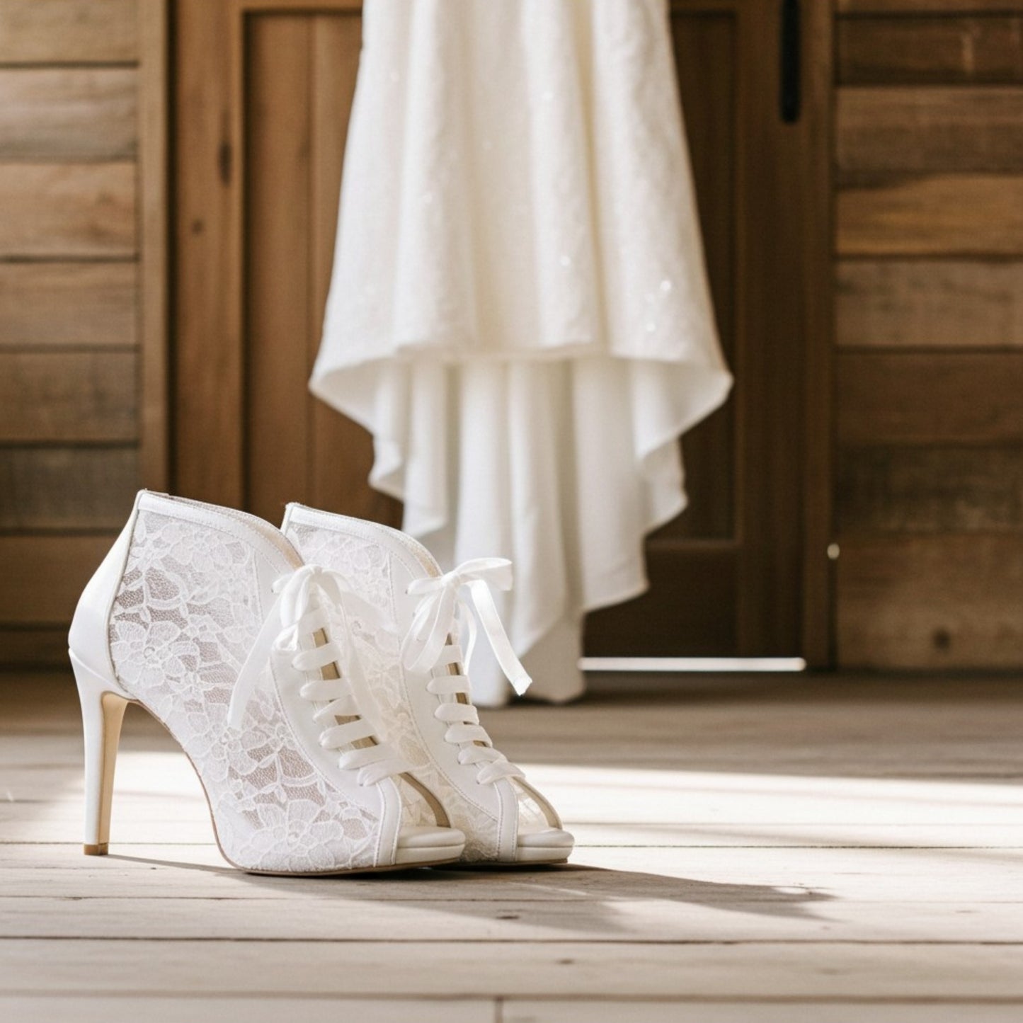 Ivory lace wedding shoes on a wooden floor with a white dress in the background.