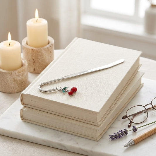 A silver metal bookmark shaped like two red cherries with green leaves rests on a stack of cream-colored hardcover books. The scene is styled on a white marble tray with lit candles, eyeglasses, lavender, and a pen in a bright, softly lit room.