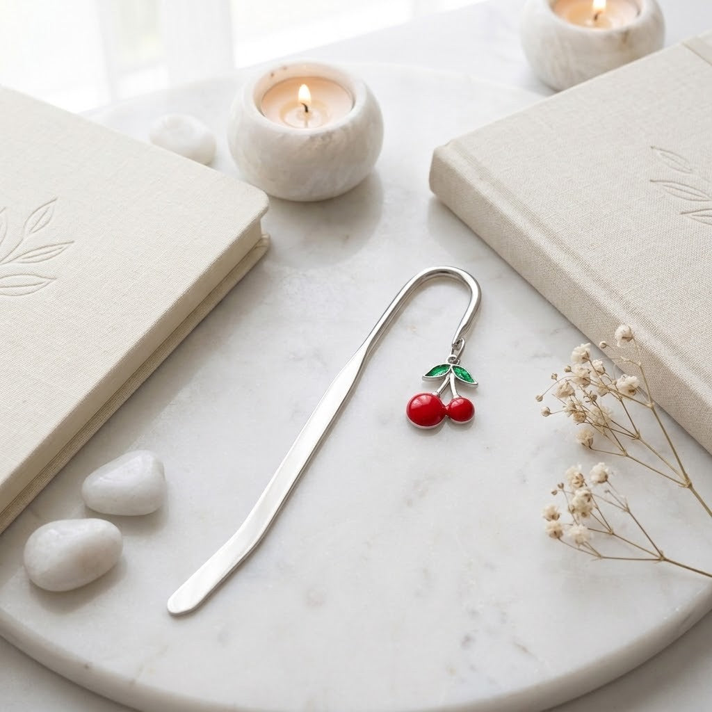 A silver metal bookmark shaped like a cherry stem with two red cherries and green leaves, displayed on a white marble tray with books, candles, and small stones.