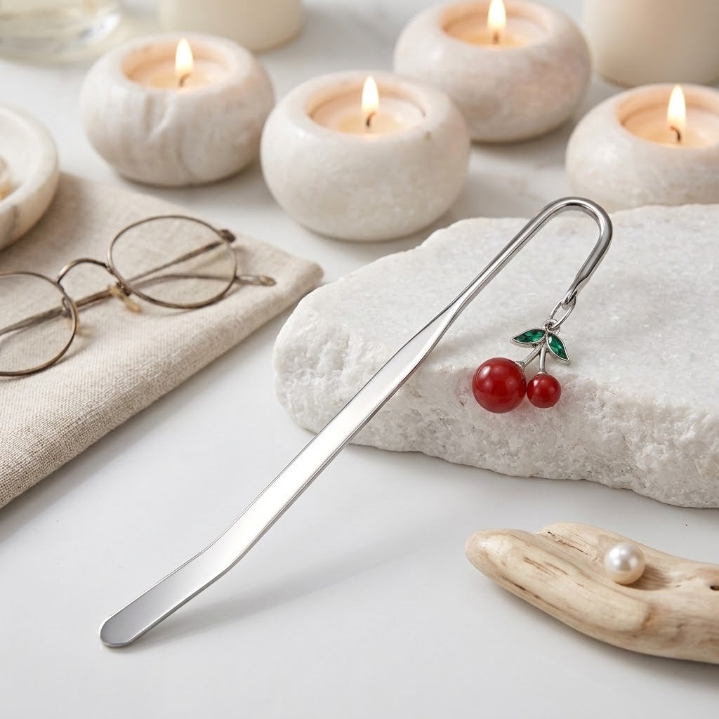 A silver metal bookmark shaped like a stylus, featuring a cherry charm with red berries and green leaves, resting on a white stone alongside glasses, candles, and a wooden driftwood piece.