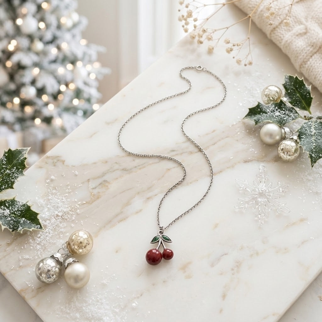 A silver-tone necklace with a cherry pendant lies on a white marble tray, surrounded by Christmas decorations including a blurred Christmas tree, holly leaves, pearl ornaments, and dried flowers.