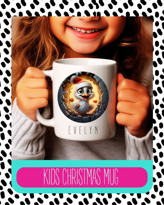 A child holding a white ceramic mug with a Christmas themed design featuring a chick character, with the text 'Kids Christmas Mug' on the image.