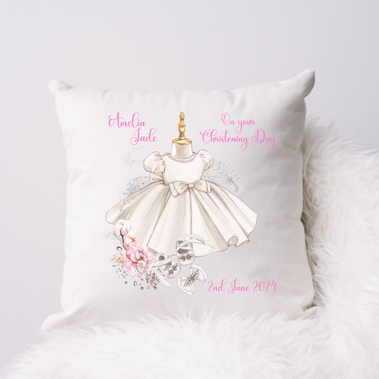 personalised white christening cushion with girls dress and shoes