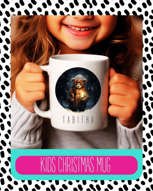 A child holding a white ceramic mug with a personalised text and a Christmas themed design.