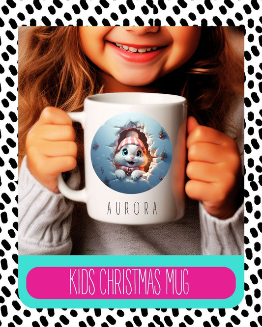A child holding a white ceramic mug with a personalised text and a Christmas themed design featuring a bunny.
