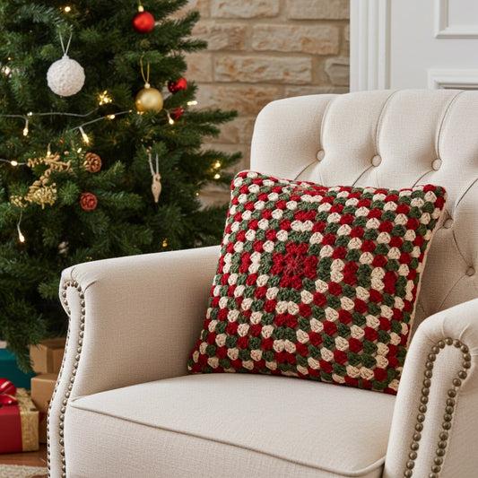 A square crocheted throw pillow with a red, green, and cream granny-square pattern rests on a cream tufted armchair next to a decorated Christmas tree.