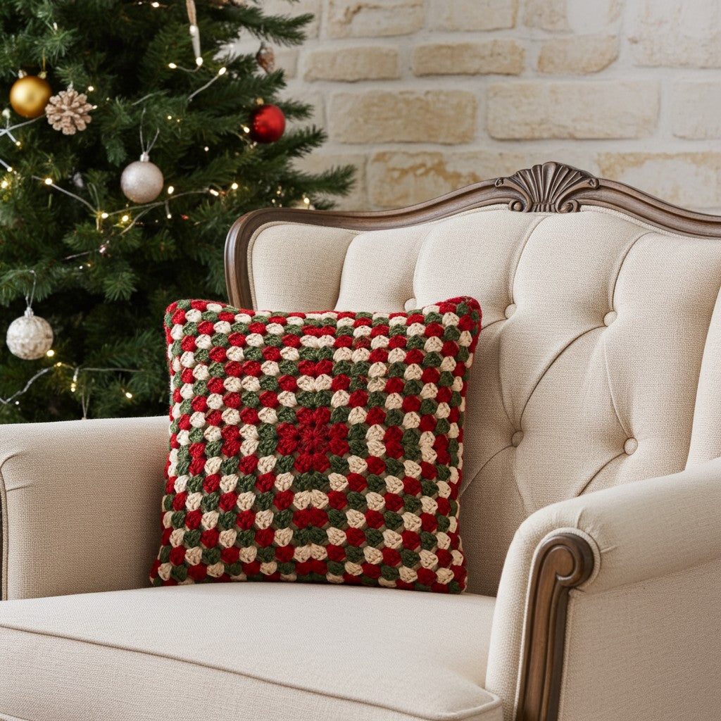 A square crocheted throw pillow with a red, green, and cream granny square pattern, resting on a cream tufted armchair next to a decorated Christmas tree.