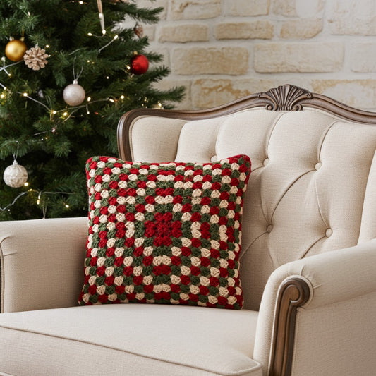A square crocheted throw pillow with a red, green, and cream granny square pattern, resting on a cream tufted armchair next to a decorated Christmas tree.