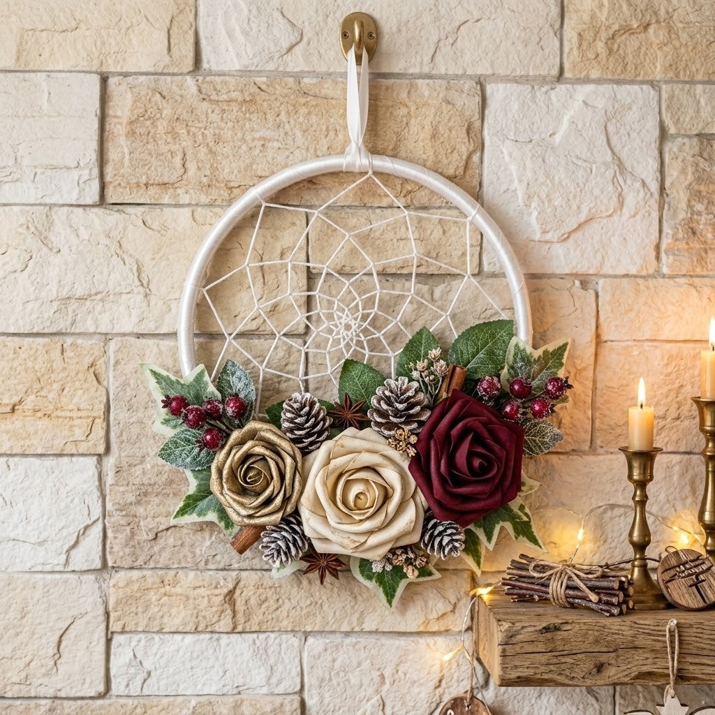 A white hoop dreamcatcher wall hanging decorated with faux cream and burgundy roses, green leaves, pinecones, and red berries, displayed on a beige stone wall next to lit candles.