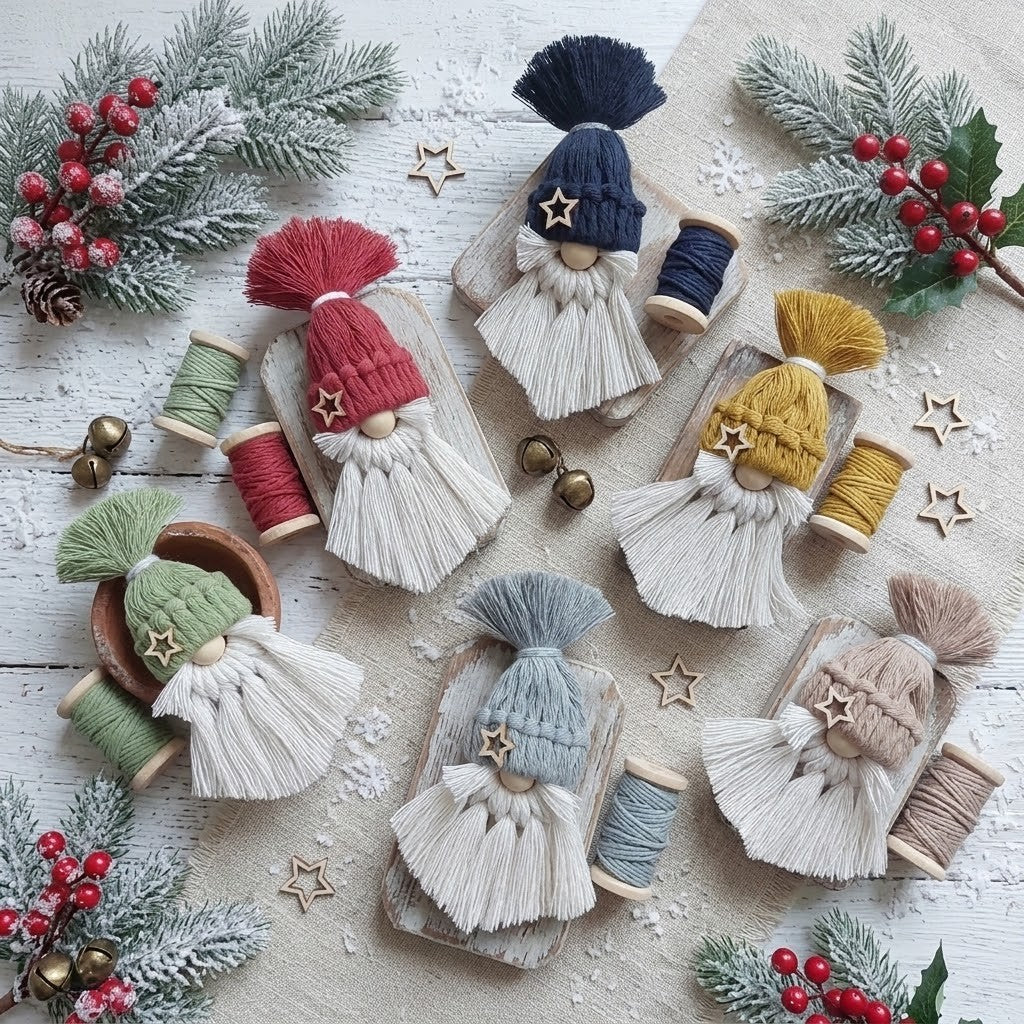 Five handmade Christmas gnomes crafted from yarn and wood, arranged in a festive flat-lay with pine branches, red berries, and small wooden stars on a light wood background.