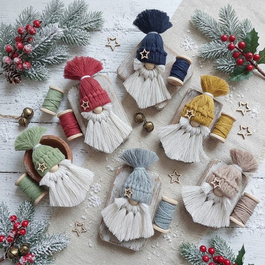 Five handmade Christmas gnomes crafted from yarn and wood, arranged in a festive flat-lay with pine branches, red berries, and small wooden stars on a light wood background.