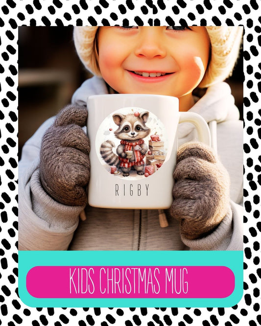 A child holding a white coffee mug with a personalised text and a cute animal illustration.