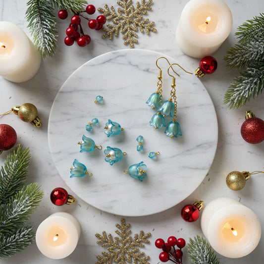 Tulip earrings staged in a festive scene showing components of the jewellery in the making.