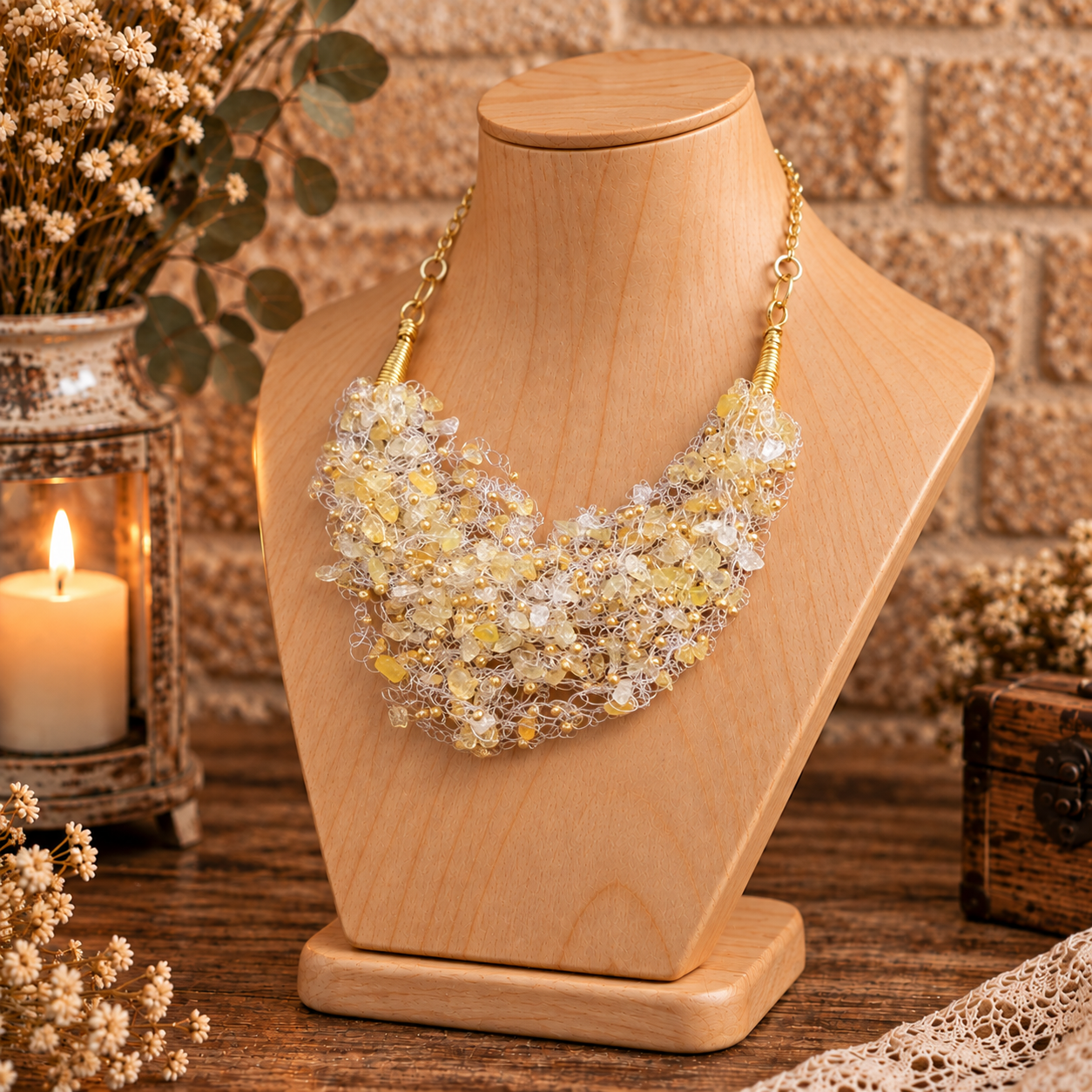 A statement necklace made of textured gold, silver, and white crystals, displayed on a light wood mannequin bust. The bust is styled on a rustic wooden table with a lit candle in a lantern, dried flowers, and a brick wall background.